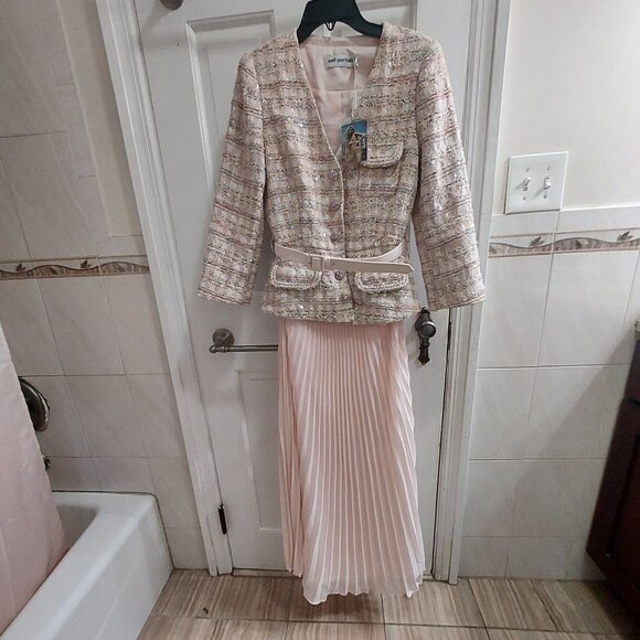 SELF-PORTRAIT Pink Sequin Boucle Midi Pleated Dress - Picture 2 of 14